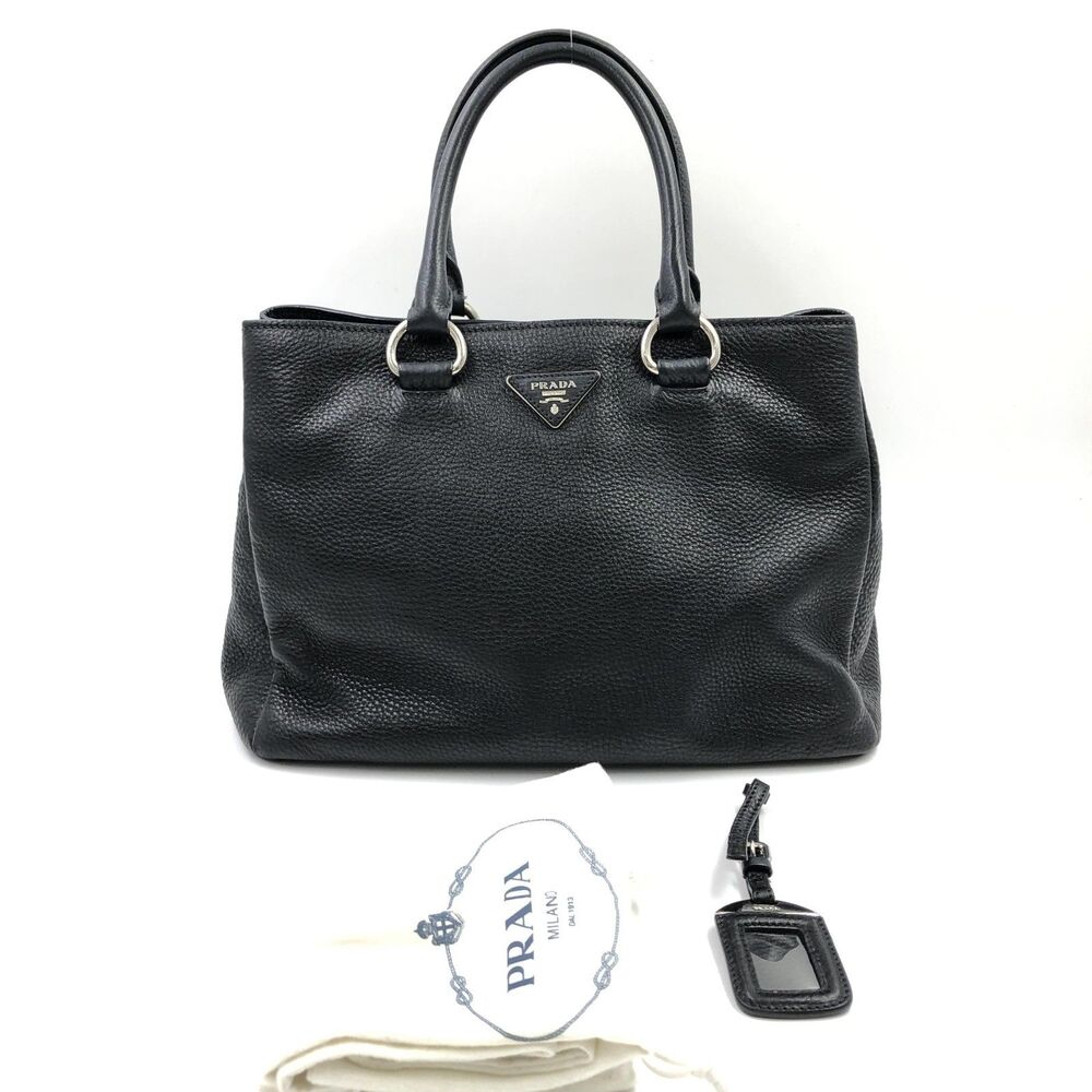 Prada Black Vitello Danio Leather Top Handle Bag Silver hardware Dust bag